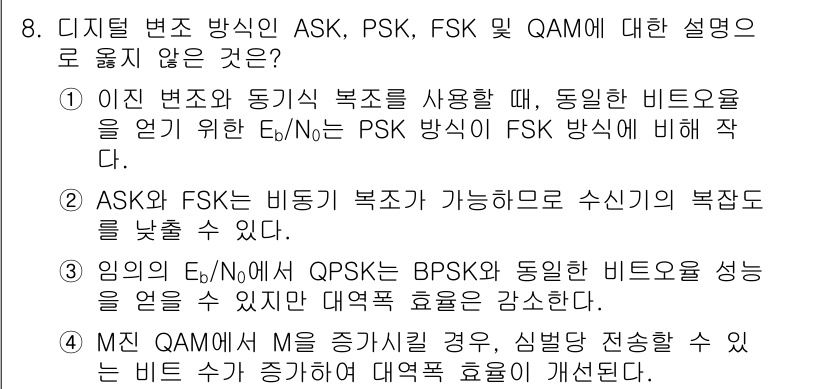9급_국가직_공무원_무선공학개론 2023년 8번 - QPSK는 BPSK와 동일한 비트 전송 성능을 가지지만, 비트 전송률은 ... 에 관한 핵심 기출문제
