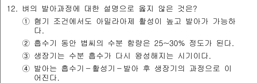 9급_국가직_공무원_식용작물 2023년 12번 - 정답인 이유: 1번 설명은 '아밀라제 활성이 높을 때 발생 가능하다'라는... 에 관한 핵심 기출문제