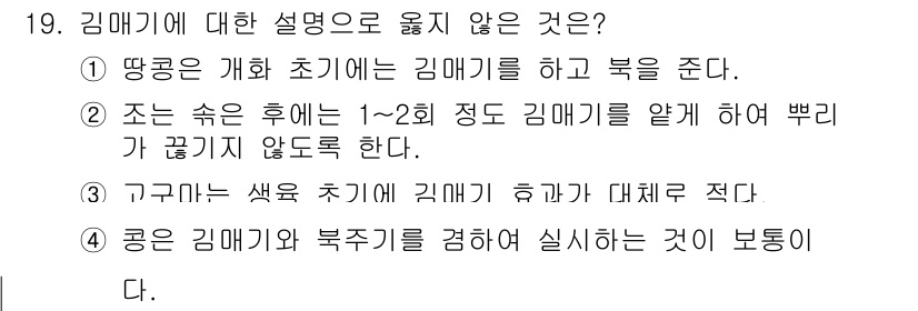 9급_국가직_공무원_식용작물 2023년 19번 - 김매기에 대한 설명 중 잘못된 것은 3번입니다. 고구마의 색소 추기로 인... 에 관한 핵심 기출문제