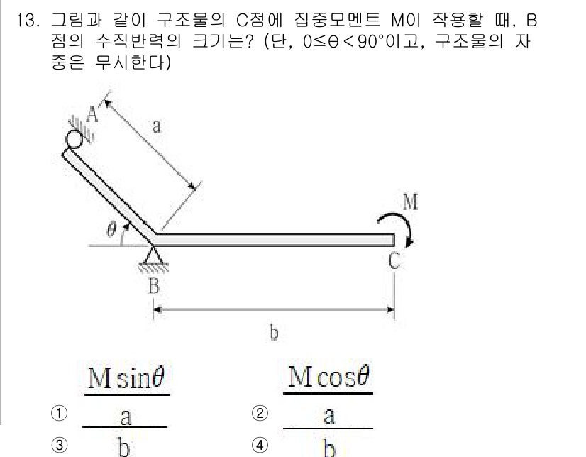 9급_국가직_공무원_응용역학개론 2023년 13번 - 정답 2번은 수직 방향의 힘을 고려했을 때 구조물의 평형을 이룰 수 있는... 에 관한 핵심 기출문제