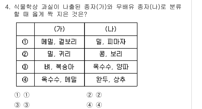 9급_국가직_공무원_재배학개론 2023년 4번 - 문제에서 식물학상으로 나열된 증자들 간의 올바른 분류를 요구합니다. (가... 에 관한 핵심 기출문제