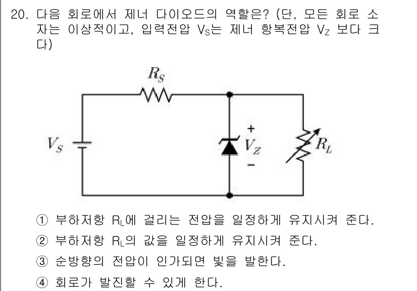 9급_국가직_공무원_전자공학개론 2023년 20번 - 제너 다이오드는 역방향 바이어스에서 일정한 전압을 유지합니다. 주어진 회... 에 관한 핵심 기출문제