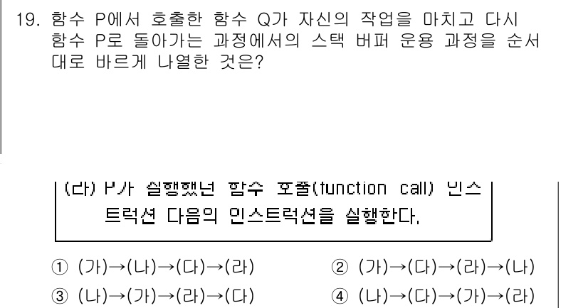9급_국가직_공무원_정보보호론 2023년 19번 - 문제에서 함수 Q가 자신의 작업을 마치고 다시 함수 P로 돌아가는 과정이... 에 관한 핵심 기출문제