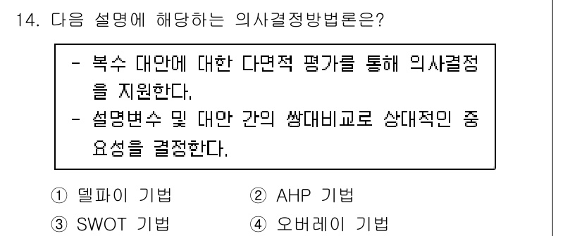 9급_국가직_공무원_조경계획및설계 2023년 14번 - 정답은 2번 AHP 기법입니다. AHP(Analytic Hierarchy... 에 관한 핵심 기출문제