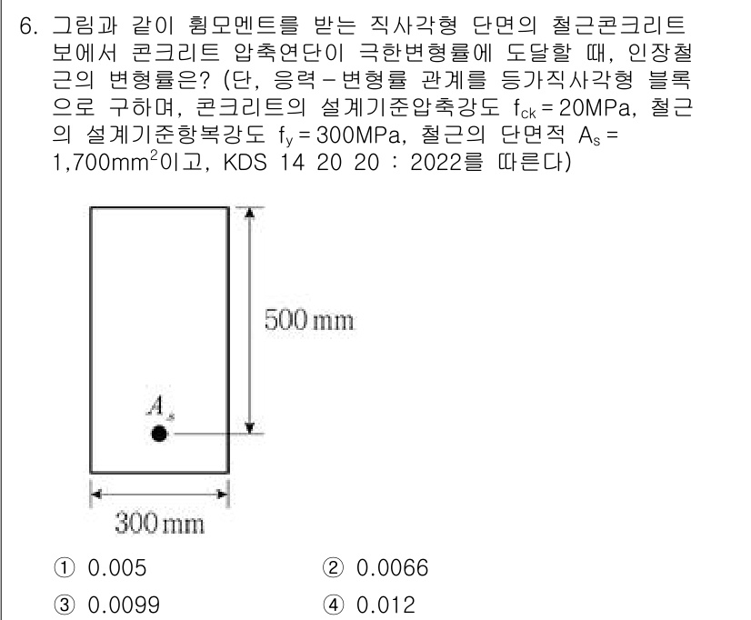9급_국가직_공무원_토목설계 2023년 6번 - 문제에서 제시된 콘크리트 압축강도(f’c)와 구한 단면적(As)을 통해 ... 에 관한 핵심 기출문제