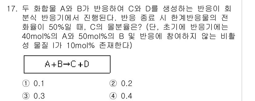 9급_국가직_공무원_화학공학일반 2023년 17번 - 반응식 A + B → C + D에서 초기 몰농도와 전환율을 고려하면, C... 에 관한 핵심 기출문제