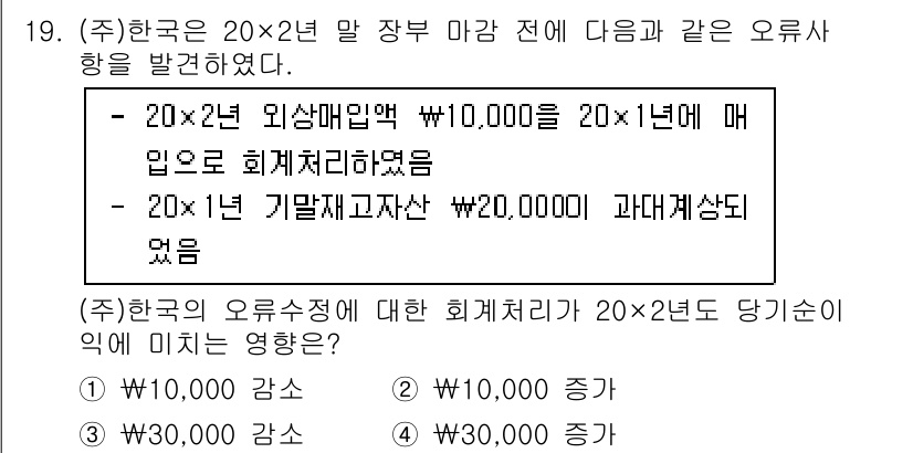 9급_국가직_공무원_회계원리 2023년 19번 - 회계원리에서 오류 수정은 반드시 발생한 회계기간에 맞추어 반영해야 하므로... 에 관한 핵심 기출문제