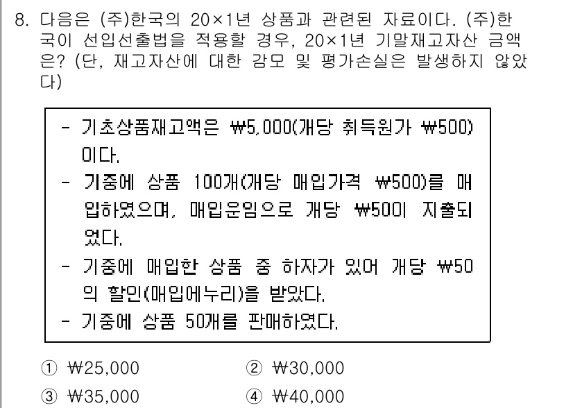 9급_국가직_공무원_회계원리 2023년 8번 - 기초상품 매입원가가 각각 ₩500인 상품 100개를 매입하였고, 매입원가... 에 관한 핵심 기출문제