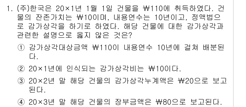 9급_국가직_공무원_회계학 2023년 1번 - 정답 1번은 "감가상각대상금액이 1100에 내용연수 10년에 걸쳐 배분된... 에 관한 핵심 기출문제
