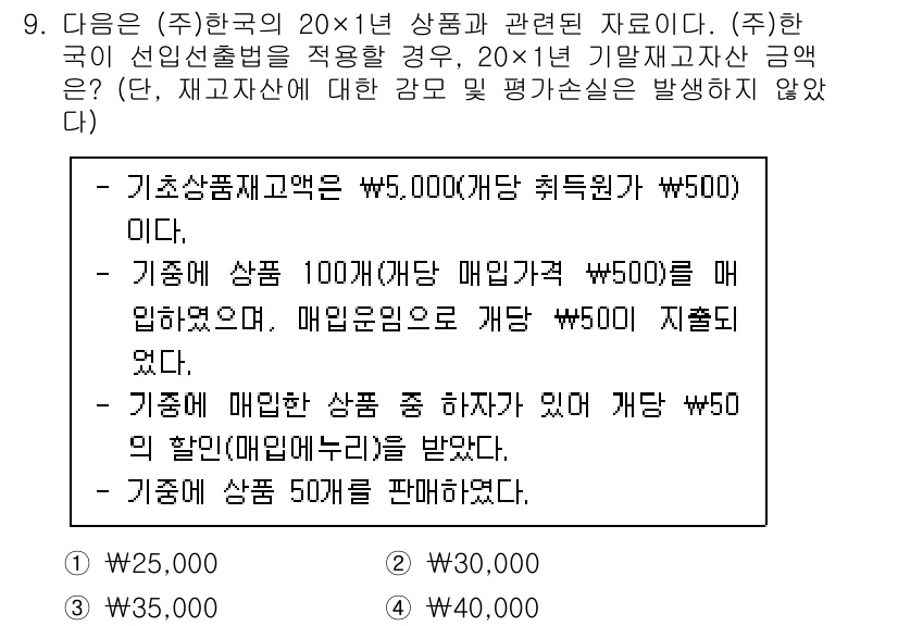 9급_국가직_공무원_회계학 2023년 9번 - 기업이 매입한 상품의 매입원가는 500원이지만, 매입할 당시 재고자산의 ... 에 관한 핵심 기출문제