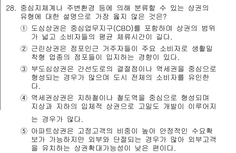 유통관리사_2급 2023년 28번 - 설명: 상권의 유형은 위치, 소비자 특성, 경쟁 상황에 따라 다양하게 결... 에 관한 핵심 기출문제