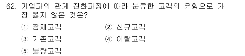 유통관리사_2급 2023년 62번 - 정답은 5) 불량고객입니다. 기업의 고객 관계 관리에서 고객의 유형은 일... 에 관한 핵심 기출문제