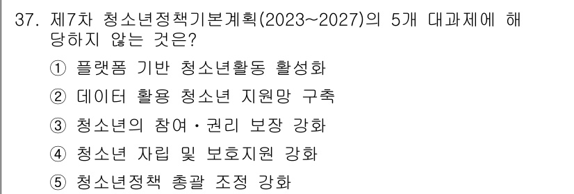 청소년상담사_1급(1교시) 2023년 37번 - 제7차 청소년정책기본계획의 5개 대과제에는 청소년 자립 및 보호지원 강화... 에 관한 핵심 기출문제