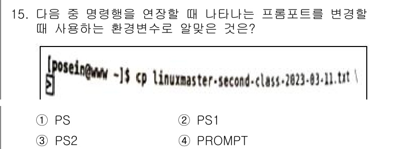 리눅스마스터_2급 2023년 15번 - `cp` 명령어를 사용하여 파일을 복사할 때, 환경변수 `PS`와 `PR... 에 관한 핵심 기출문제