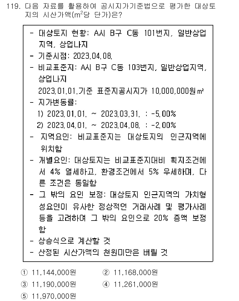 감정평가사_1차_1교시(구) 2023년 119번 - 대상토지의 비개발지 가치는 5%로 평가되어야 하며, 이는 지역적 특성과 ... 에 관한 핵심 기출문제