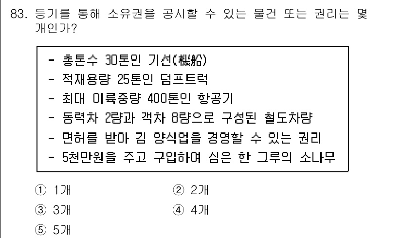 감정평가사_1차_1교시(구) 2023년 83번 - . 

소유권은 물건의 처분과 이용에 대한 권리를 포함하며, 주어진 선택... 에 관한 핵심 기출문제