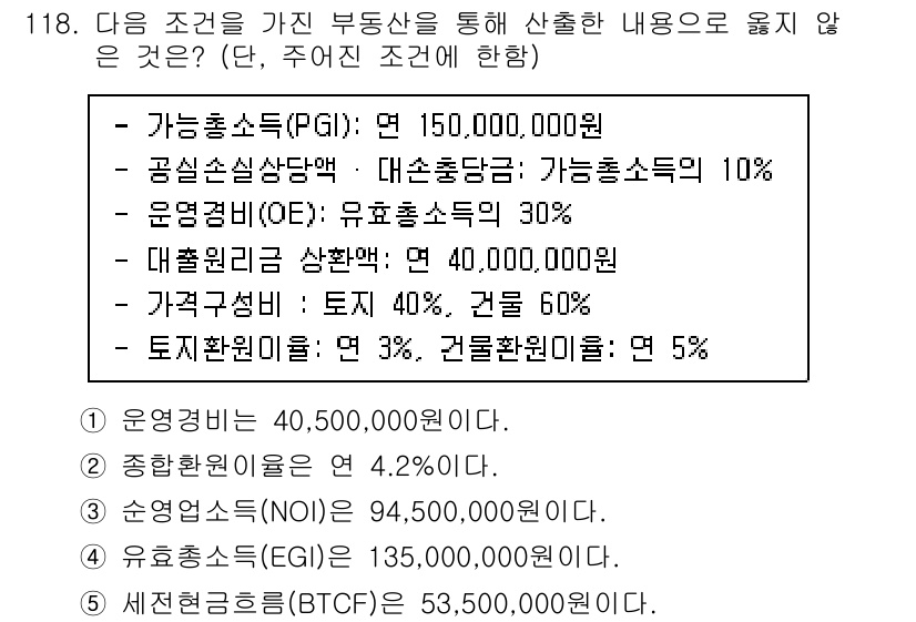 감정평가사_1차_1교시 2023년 118번 - 세천환원의 가치(BTCF)는 세후 소득을 기반으로 계산되며, 주어진 정보... 에 관한 핵심 기출문제