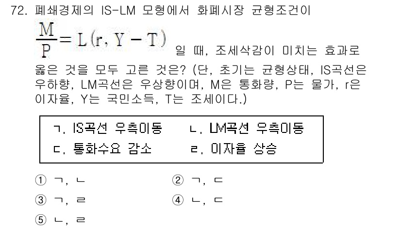 감정평가사_1차_1교시 2023년 72번 - 문제에서 제시된 IS-LM 모형은 재화시장과 화폐시장의 균형을 설명합니다... 에 관한 핵심 기출문제