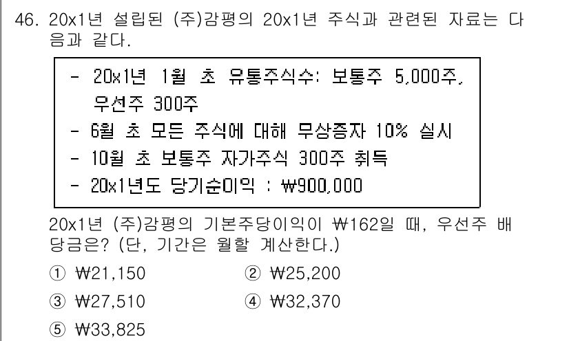 감정평가사_1차_2교시 2023년 46번 - 주어진 자료에 따르면 20x1년 1월 중 보통주 5,000주와 우선주 3... 에 관한 핵심 기출문제