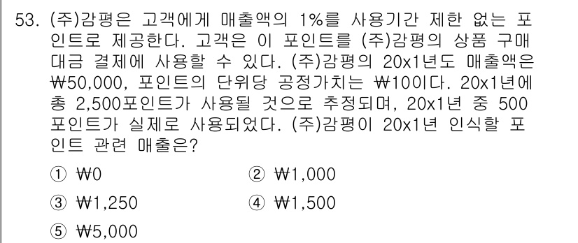 감정평가사_1차_2교시 2023년 53번 - 문제에서 제시된 포인트의 사용은 매출의 일정 비율로 제공되며, 20x1년... 에 관한 핵심 기출문제