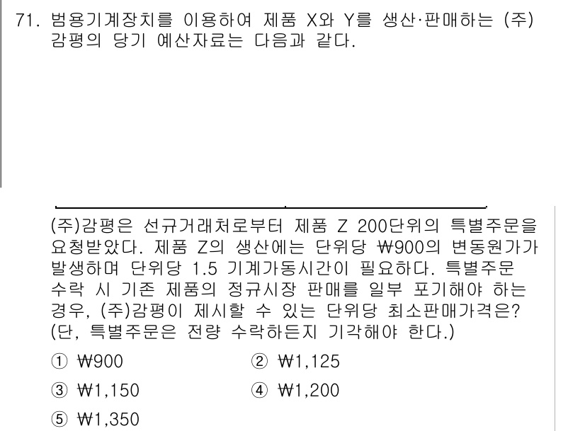감정평가사_1차_2교시 2023년 71번 - . 

해설: (주)감평사는 Z200 단위로 제품 X와 Y를 생산하지만,... 에 관한 핵심 기출문제