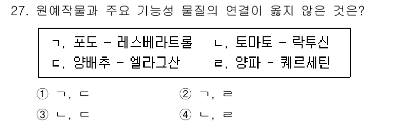 농산물품질관리사_1차 2023년 27번 - 번 (가, 라)

포도는 레스베라트롤을 포함하고, 토마토는 라이코펜과 연... 에 관한 핵심 기출문제