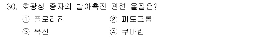 농산물품질관리사_1차 2023년 30번 - 정답은 ② 피드로곰입니다. 호광성 중지의 발이 촉진에 관련된 물질로, 식... 에 관한 핵심 기출문제