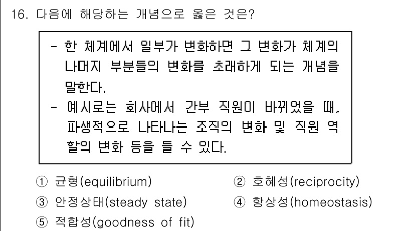 사회복지사_1급(1교시)(구) 2024년 16번 - 해당 개념은 시스템 내에서 안정성을 유지하려는 자연스러운 경향을 나타냅니... 에 관한 핵심 기출문제