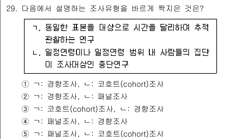 사회복지사_1급(1교시)(구) 2024년 29번 - 정답은 5번 '코호트(cohort) 조사'입니다. 코호트 조사는 특정 집... 에 관한 핵심 기출문제