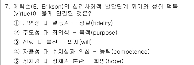 사회복지사_1급(1교시)(구) 2024년 7번 - 에릭슨의 심리사회적 발달 이론에서 성격 덕목은 각 발달 단계의 긍정적 결... 에 관한 핵심 기출문제