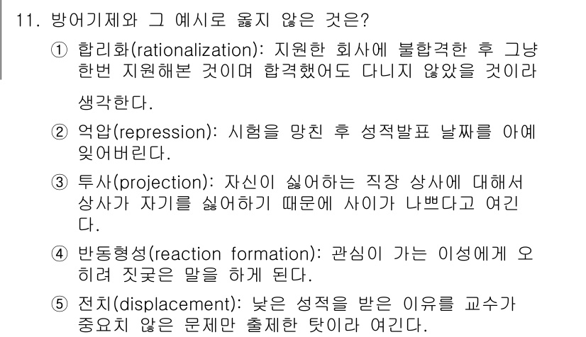 사회복지사_1급(1교시) 2024년 11번 - 정답은 5번으로, "전치(displacement)"는 감정이나 욕구가 직... 에 관한 핵심 기출문제