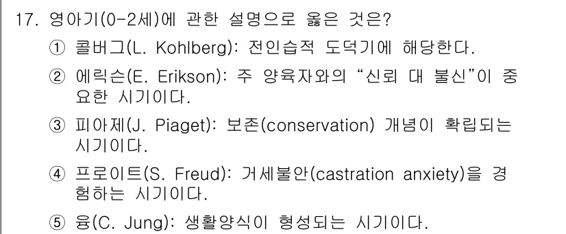 사회복지사_1급(1교시) 2024년 17번 - 에릭슨(E. Erikson)은 주 양육자와의 신뢰 형성이 중요한 시기로,... 에 관한 핵심 기출문제