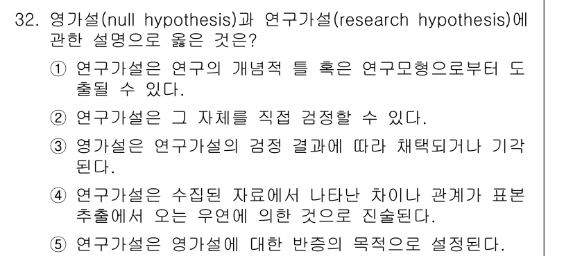 사회복지사_1급(1교시) 2024년 32번 - 1. 연구가설은 연구의 방향성을 제시하는 명제로, 연구형태에 따라 도출될... 에 관한 핵심 기출문제
