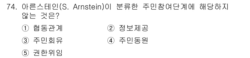 사회복지사_1급(2교시)(구) 2024년 74번 - 아른스타인의 참여 계층 구조에서 주안점은 시민의 참여 수준과 그 결과로서... 에 관한 핵심 기출문제