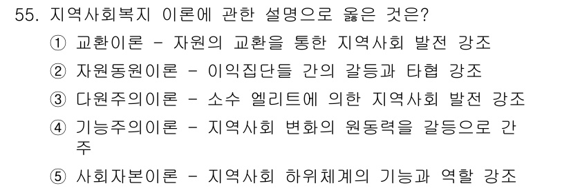 사회복지사_1급(2교시) 2024년 55번 - . 교훈이론은 자원의 교환을 통해 지역사회의 발전을 강조합니다. 이 이론... 에 관한 핵심 기출문제