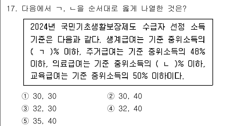사회복지사_1급(3교시)(구) 2024년 17번 - 2024년 국민기초생활보장제도의 수급자 선정 소득 기준에서 생계급여(30... 에 관한 핵심 기출문제