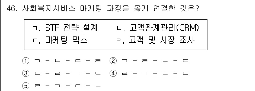 사회복지사_1급(3교시) 2024년 46번 - 사회복지서비스 마케팅 과정은 고객의 필요와 요구를 이해하고 이에 맞춘 서... 에 관한 핵심 기출문제