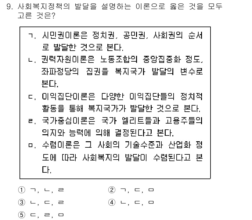 사회복지사_1급(3교시) 2024년 9번 - 정답인 이유는, 사회복지 정책의 발달은 시민권 확대와 관련이 깊으며, 이... 에 관한 핵심 기출문제