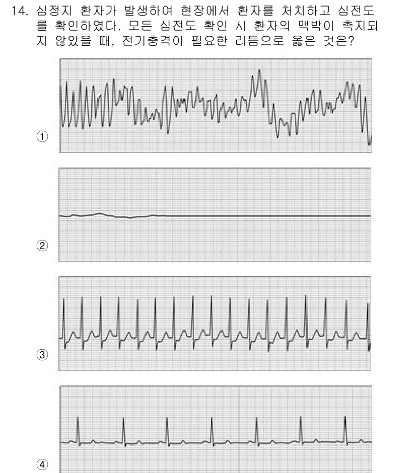 소방공무원(경력)_응급처치학개론 2023년 14번 - . 심장지 환자가 심장 리듬이 변동 없이 정적일 때, 전기충격이 필요하다... 에 관한 핵심 기출문제