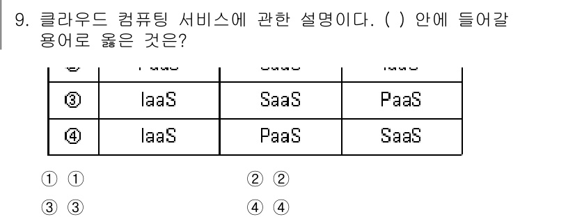 소방공무원(경력)_컴퓨터일반 2023년 9번 - .  
클라우드 컴퓨팅 서비스는 서비스 모델에 따라 IaaS, PaaS,... 에 관한 핵심 기출문제