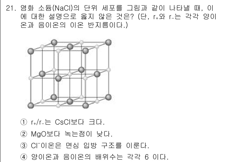 소방공무원(경력)_화학개론 2023년 21번 - CsCl 구조에서 r+/r- 비율은 1로, NaCl 구조보다 큽니다. M... 에 관한 핵심 기출문제