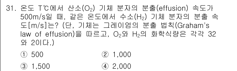 소방공무원(경력)_화학개론 2023년 31번 - 문제에서 주어진 온도와 화학물질의 분출 속도를 바탕으로 그레이엄의 분출 ... 에 관한 핵심 기출문제