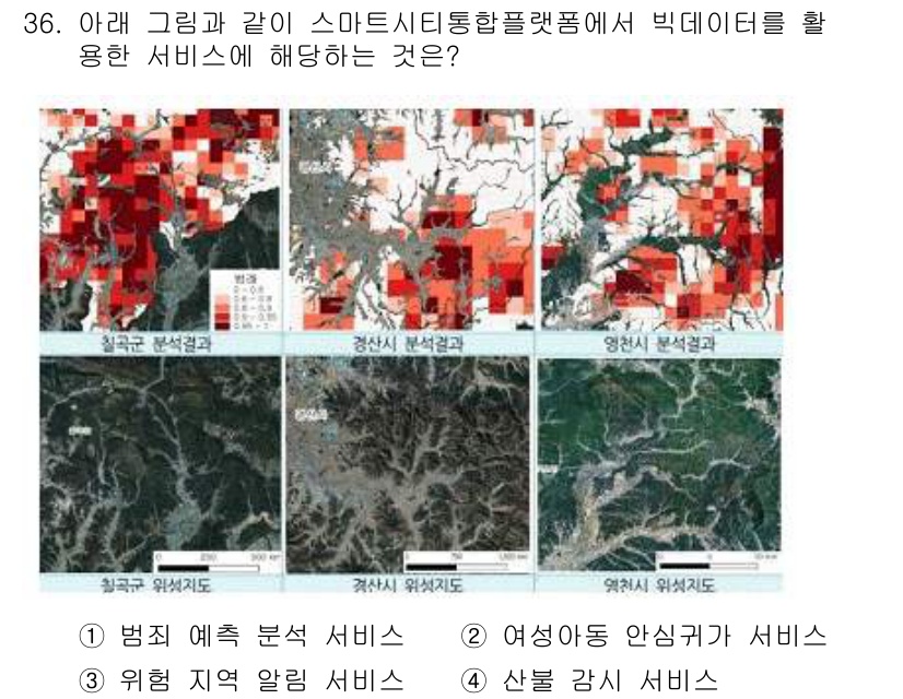 영상정보관리사 2023년 36번 - 위의 이미지는 다양한 지역의 토지 피복 변화를 보여주며, 이를 통해 산불... 에 관한 핵심 기출문제