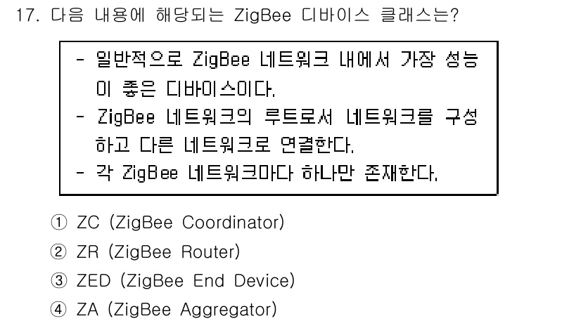 지능형홈관리사 2021년 17번 - 정답은 1번 ZC (ZigBee Coordinator)입니다. ZigBe... 에 관한 핵심 기출문제