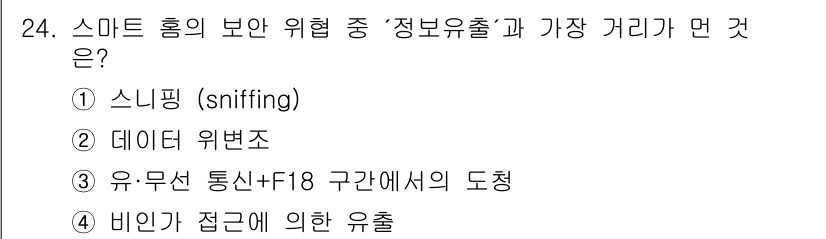 지능형홈관리사 2021년 24번 - 정답은 ② 데이터 위변조입니다. 이는 스마트 홈 시스템에서 데이터가 변조... 에 관한 핵심 기출문제