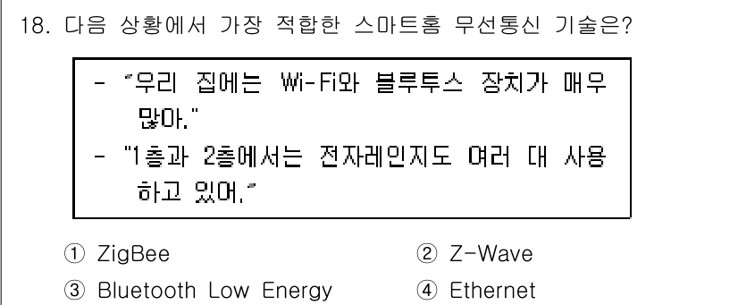 지능형홈관리사 2022년 18번 - 정답은 2번 Z-Wave입니다. Z-Wave는 저전력 및 저비용의 무선 ... 에 관한 핵심 기출문제
