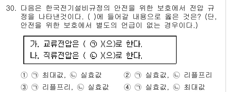 신재생에너지발전설비기사(구) 2022년 30번 - 한국전기설비규정은 전압과 전류에 대한 안전 기준을 설정하여 전기설비의 안... 에 관한 핵심 기출문제