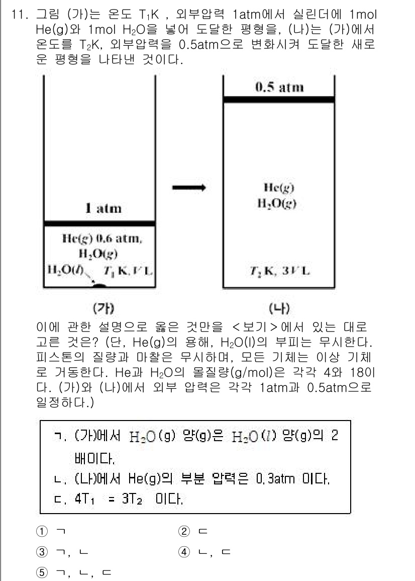 변리사_1차(3교시) 2024년 11번 - 문제의 조건에서 외부압력과 온도를 고려했을 때, 헬륨의 몰수가 0.5 m... 에 관한 핵심 기출문제
