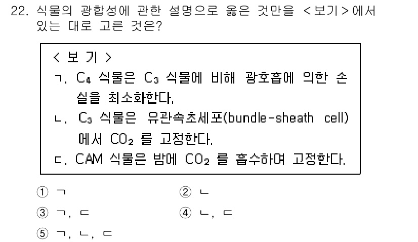 변리사_1차(3교시) 2024년 22번 - C4 식물은 C3 식물에 비해 광합성을 더 효율적으로 수행하는데, 이는 ... 에 관한 핵심 기출문제