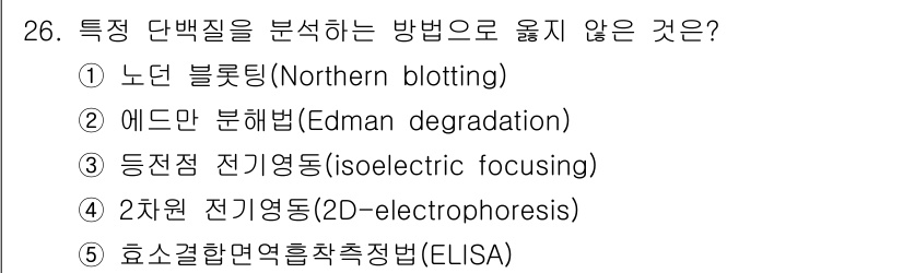 변리사_1차(3교시) 2024년 26번 - . 노던 블로팅(Northern blotting)

노던 블로팅은 RNA... 에 관한 핵심 기출문제